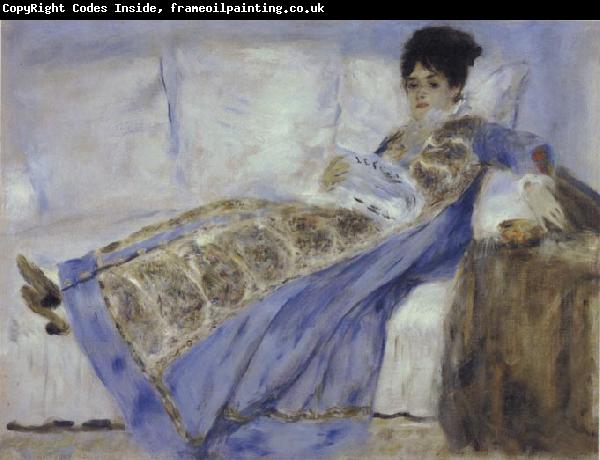 Pierre Renoir Madame Monet Reclining on a Sofa Reading Le Figaro